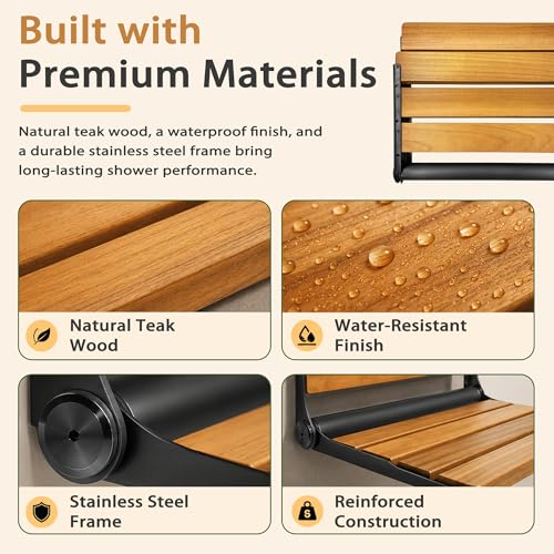 Folding Shower Seat Teak, Bath Safety Furniture Stainless Steel, Shower Seats for Elderly, Fold Down Shower Seat (Black) - color: Teak and Black Stainless Steel