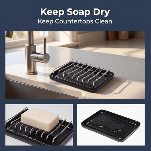 Soap Dish Drain Tray Self Draining Soap Holder Sponge Holder Soap Dishes for Shower, Bathroom, Kitchen Sink (1, C-Black) - color: C-black