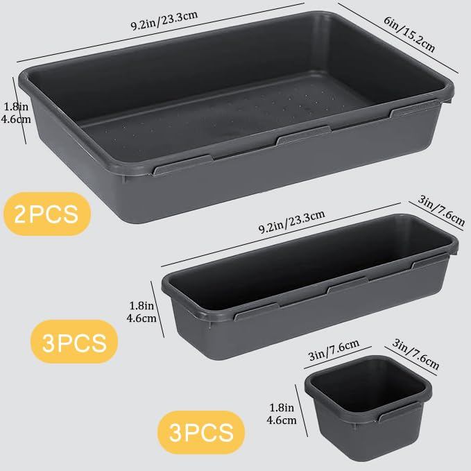 Kutesna 8PCS Plastic Interlocking Drawer Organizer, 3 Sizes Desk Organizer | Versatile Storage Trays, Versatile Plastic Storage Bins for Makeup Vanity, Jewelries, Kitchen Utensils, Bathroom and Office