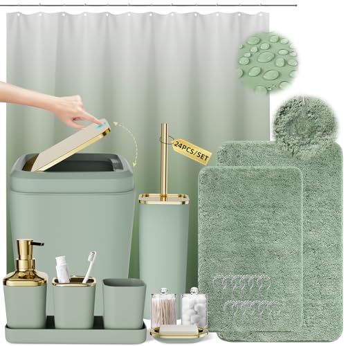 XLHOMO Sage Green Bathroom Set - 24PC Bathroom Sets with Shower Curtain and Rugs, Sage Green Bathroom Accessories Set with Press-on Lid Bathroom Trash Can, Soap Dispenser - color: Sage Green and Gold, size: Press-lid Complete Set+Bath Rugs