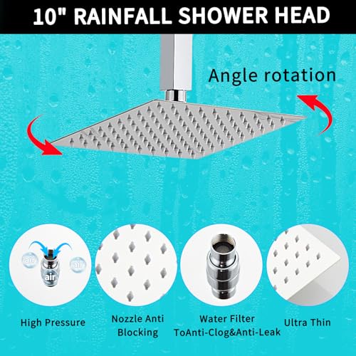 10 Inch Shower Faucet Set, Ceiling Mounted Rainfall Shower System with High Pressure Handheld Shower Head, Bathroom Mixer Rough-in Valve and Trim Shower Kit, Polished Chrome, with Tub Spout - color: Sliver, style: 10 Inch