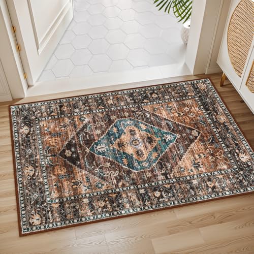 Lahome Door Rugs for Entryway Indoor - 2x3 Washable Stain Resistant Kitchen Rug Rubber Backing Ultra-Thin Small Door Mats Indoor Entrance, Vintage Print Throw Rug for Bathroom Bedroom Adelyn - color: Dull Teal, size: 2' x 3' (Rectangular)