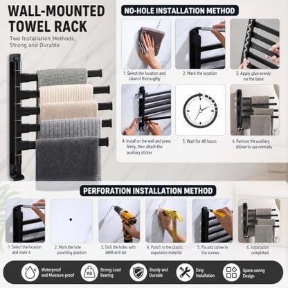2-5 Arms Swivel Towel Rack Bath Towel Holder with Hook Swing Arm Towel Rack Wall Mount for Bathroom Kitchen (Black, 5-arm) - color: Black, size: 5-arm
