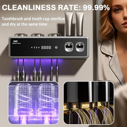 Electric Toothbrush Holder Wall Mount, Bathroom Toothbrush Organizer,Black | POPZJXDM Toothbrush Holder - 6 Brush/3 Cup,Automatic Toothpaste Dispenser & Hot Dry,Smart Cleaning,Bathroom Storage Upgrade - color: Black