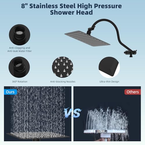 Hibbent All Metal CUPC Certified Shower Head, 8'' High Pressure Rainfall Shower Head, Handheld Showerhead Combo, 12'' Adjustable Extension Arm, 10 Sprays, 71'' Hose, Shower Holder, Matte Black - color: Matte Black, style: Square 8''