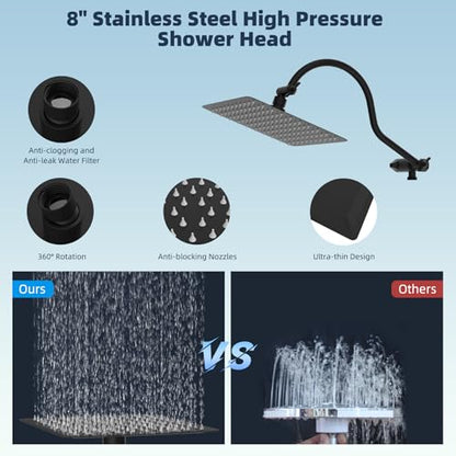Hibbent All Metal CUPC Certified Shower Head, 8'' High Pressure Rainfall Shower Head, Handheld Showerhead Combo, 12'' Adjustable Extension Arm, 10 Sprays, 71'' Hose, Shower Holder, Matte Black - color: Matte Black, style: Square 8''