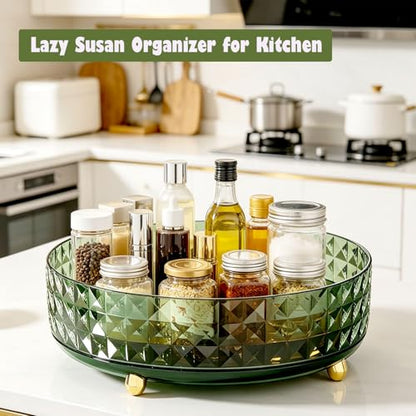 Makeup Perfume Organizer, 9 Inch /23cm 360 Degree Rotating Skincare Organizer, Cosmetics Organizer for Dresser Bathroom Bedroom Countertop Kitchen Pantry Cabinet Vanity Tray Refrigerator, Dark Green