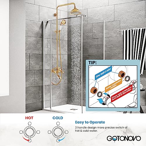 gotonovo Exposed Shower System with Spout,Polished Gold,No Shower Shelf | Brass Shower Faucet Set,8’’ Rain Head with Handheld Spray,Swivel Tub Spout,2 Cross Handle,6’’ Hole Distance,Adjustable Height - color: Bright Gold