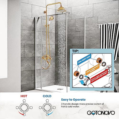 gotonovo Exposed Shower System with Spout,Polished Gold,No Shower Shelf | Brass Shower Faucet Set,8’’ Rain Head with Handheld Spray,Swivel Tub Spout,2 Cross Handle,6’’ Hole Distance,Adjustable Height - color: Bright Gold