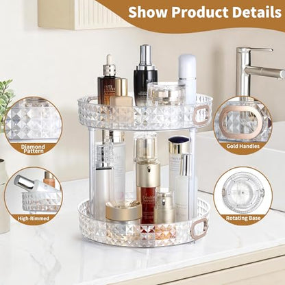 360 Rotating Perfume Organizer, 2 Tier, Diamond Pattern, Clear | 10.6" Large Rotating Makeup Organizer for Vanity, Bathroom Countertop Organizer, Lazy Susan, Skincare Lotion Perfume Storage - size: 2 Tier