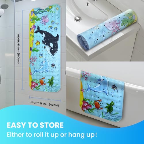 Baby Bath Tub Mat, 40 x 16 Inch Extra Large Non Slip Kids Cartoon Bathtub Shower Mats with Suction Cups & Drain Holes, Machine Washable for Bathroom, Undersea Whale & Dolphin - color: Undersea-whale