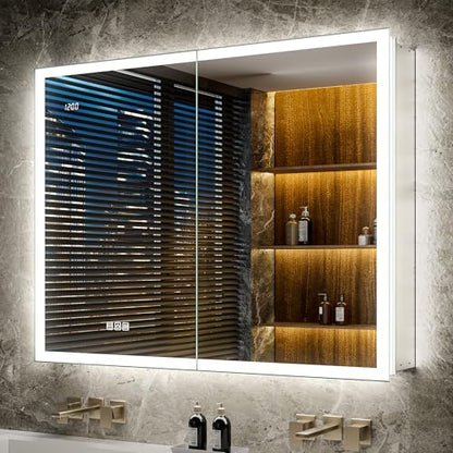 40x30 Front & Backlit Medicine Cabinet with Mirror, 155°Soft-Close Hinge, Surface or Recessed Dimmable Lighted Medicine Cabinet Mirror with Clock Outlet Inner Light,Anti-Fog - size: 40x30'' (Cabinet)
