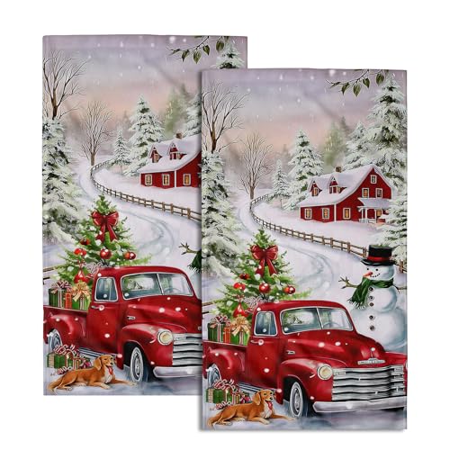 Giwawa Red Truck Towel Winter Snowman Xmas Pine Trees Decorative Hand Towels Set of 2 Snowflake Presents Snow Cottage Soft Microfiber Face Washcloth for Bathroom Guest Seasonal Hotel Gym - color: Christmas Truck