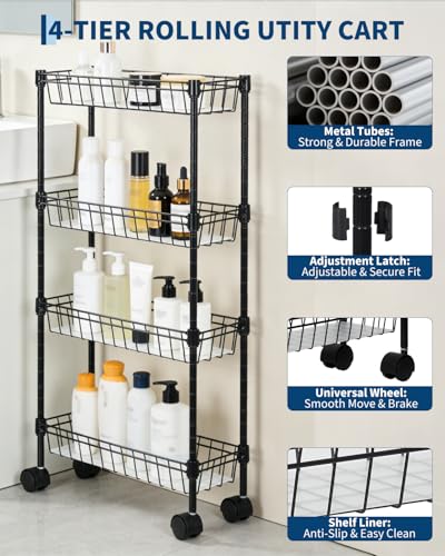 GarveeHome Slim Rolling Storage Cart, 4 Tier Metal Utility Cart with Wheels, Adjustable Shelving Unit Basket for Kitchen Bathroom Laundry Room Living Room & Narrow Corner, 15.75"X5.91"X31.5", Black - size: 4 Tier