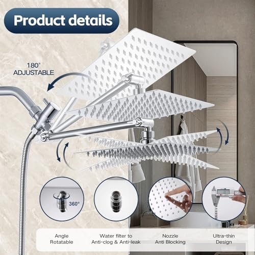 Shower Head,10'' Rain Shower Head with 11'' Angle Adjustable Extension Arm and Handheld Spray Combo/Flow Regulator/Shower System/Angle Adjustable/5Ft Hose, Height (Chrome, 8 Inch)