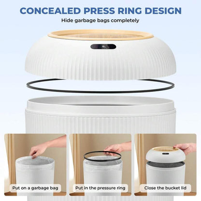 Smart Sensor Trash Can Hands-Free Auto Open Lid Odor Seal | Infrared Motion Sensor, Waterproof Plastic, 6-Second Auto Close, Versatile Indoor Use, Wooden Legs Design