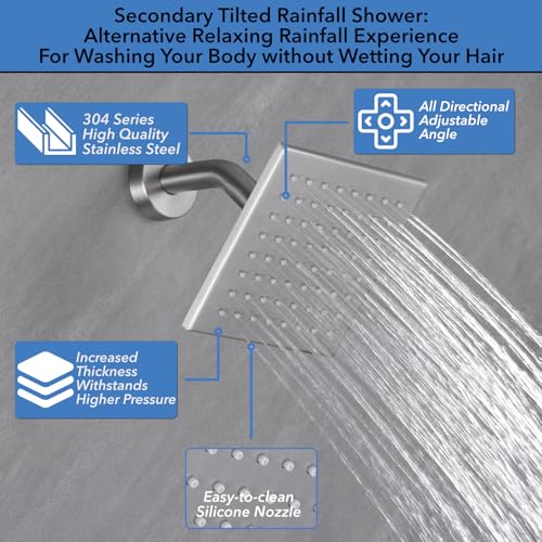 VANFOXLE Shower System, Brushed Nickel Shower Faucet Set, Four Modes | 10 Inch Ceiling Mount Head Increased Thick, 6 Inch Second Head, 2-in-1 Handheld Combo, 4 PCS Dual Mode Body Jets, Brass Valve - color: Brushed Nickel