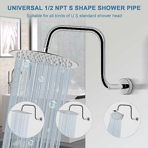 S Shaped Shower Arm, High Rise Shower Head Extension Pipe Standard 1/2" Connection with Flange, Awesome Shower Experience-Stainless Steel Bathroom Accessory(13 Inch Z-S Shape, Chrome Finish) - color: Chrome Finish, style: 13" Z Shape
