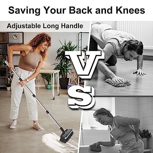 Heavy Duty Floor Scrub Brush with Long Handle, Adjustable Stainless Steel Handle, Stiff Bristles & Rubber Squeegee Scraper, Concrete Floor Scrubber for Cleaning Floor Concrete Deck Hardwood Patio Tile - style: Black+Grey