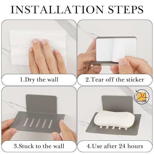 Soap Dishes for Bathroom, Bar Soap Holder with Self Draining Tray, Soap Tray for Shower Wall, 4 Slot Self-Adhesive Soap Container (Gun Grey) - color: Grey 1pack