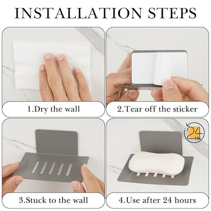 Soap Dishes for Bathroom, Bar Soap Holder with Self Draining Tray, Soap Tray for Shower Wall, 4 Slot Self-Adhesive Soap Container (Gun Grey) - color: Grey 1pack