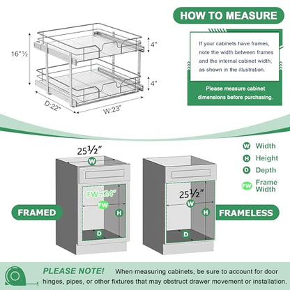 2-Tier Pull Out Cabinet Organizer (23" W x 22" D) | Soft Close Cabinet Slide Out Shelves, Heavy Duty Slide Out Drawers with Shelf Liner for Kitchen Cabinets, Pantry, Bathroom - size: 23"W x 22''D