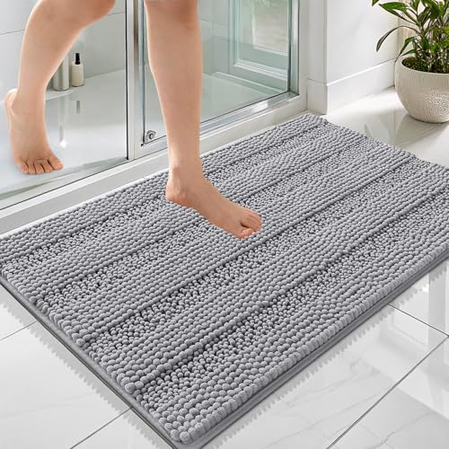 OLANLY Thick Bathroom Rugs 36x24, Soft Chenille Striped Bath Rugs, Grey | Rubber Backing, Machine Wash, Extra Absorbent Bath Mats for Bathroom Floor, Tub and Shower, Home Decor Accessories - color: Grey, size: 36" X 24"