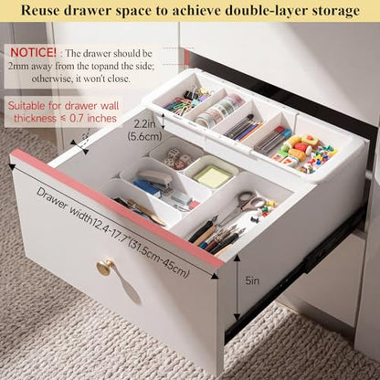 27 Pcs Deep Drawer Organizer Bulk, 2 Expandable Hanging Trays with Plastic Drawer Dividers Organizers, Desk Drawers Organizer Trays for Makeup Kitchen, Bathroom, Office, Bedroom, White