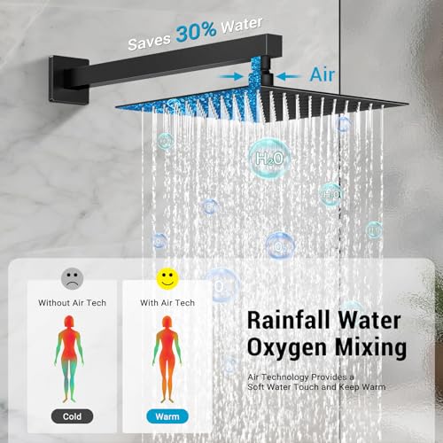 10" Square Rain Shower Faucet Set, Wall Mount, Matte Black | 304 SS , air tech boosts pressure 50%, dual spray, anti-fingerprint - color: Matte Black, style: 10''-Wall Mount