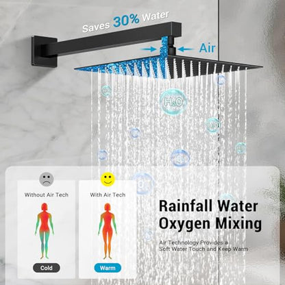 10" Square Rain Shower Faucet Set, Wall Mount, Matte Black | 304 SS , air tech boosts pressure 50%, dual spray, anti-fingerprint - color: Matte Black, style: 10''-Wall Mount