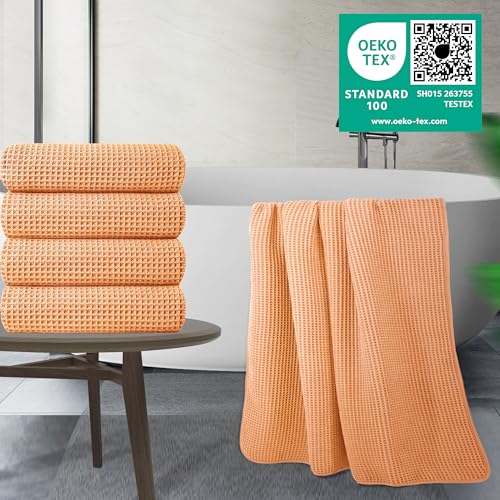 POLYTE 430 GSM Poly Blend Microfiber Quick Dry Waffle Bath Towel, 30x60 in | 4 Pack, Oversize, Lint Free, Body Towel - color: Orange
