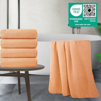 POLYTE 430 GSM Poly Blend Microfiber Quick Dry Waffle Bath Towel, 30x60 in | 4 Pack, Oversize, Lint Free, Body Towel - color: Orange