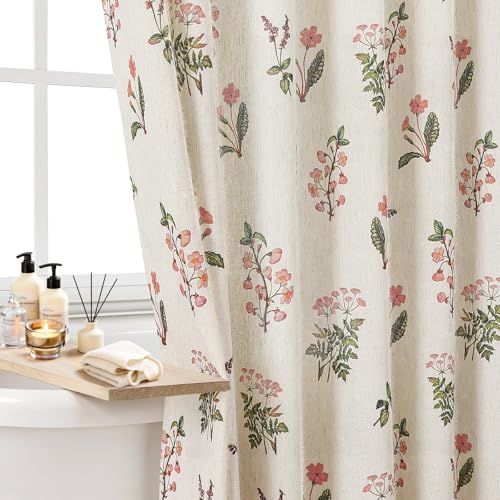 Colorful Star French Country Floral Linen Shower Curtain, 72" W x 72" L | Waterproof Shower Curtain Set with 12 Clear Hooks for Bathroom, Vintage Boho Farmhouse Linen Fabric Bathroom Curtains - color: Pink, size: 72"W x 72"L (Pack of 1)