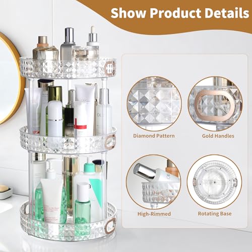 360 Rotating Perfume Organizer, 3 Tier, Diamond Pattern, Clear | 10.7" Large Rotating Makeup Organizer for Vanity, Bathroom Countertop Organizer, Lazy Susan, Skincare Lotion Perfume Storage - size: 3 Tier
