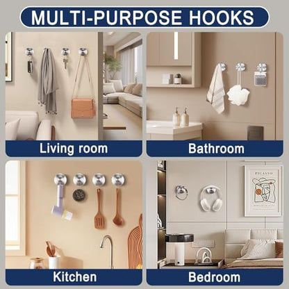Shower Suction Cup Hooks, 4 Pack Stainless Steel No Drill Hooks | Waterproof suction hooks for shower, bathroom wall, kitchen, glass, mirror and tile surfaces, perfect for towels, robes - color: silver-4pcs