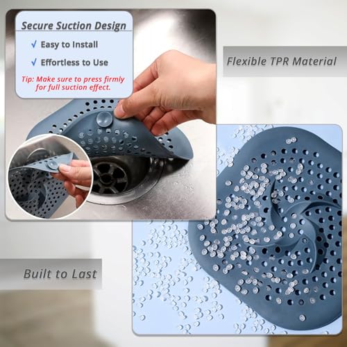 5.9" Square Drain Cover with Suction Cups, Hair Catcher, 4 Pack | For Shower, Bathroom & Sink, Flat Design with Suction Cups, Helps Keep Drains Clear
