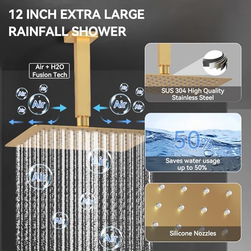 Brushed Gold Shower System with Body Jets, Bostingner 4 Way Shower Faucet Set with 2 in1 Handheld,Ceiling Mount 12 Inch Shower Head with 6 Inch Shower Head,4Pcs Body Jets With Dual Head Shower Set - color: Gold, size: 6+12 inch-01