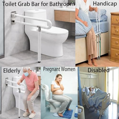 23.6" Flip-Up Toilet Grab Bar with Support Leg, Stainless Steel Bathroom Safety Rail for Elderly & Disabled, Folding Handicap Grab Bar Wall Mounted Assist Handle for Toilet, Shower & Bathtub