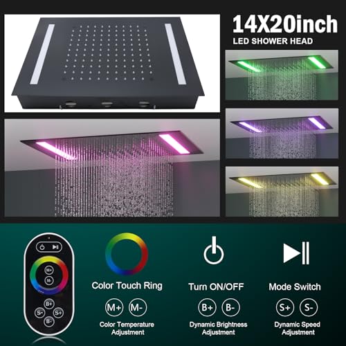 HOMEDEC Multi-Function Shower System with LED 14x20inch and Dual 6" Shower Heads, 5 Way Thermostatic Diverter Valve Shower Faucet Set, Black - color: Black, style: 5-Way + 2x 6" Top