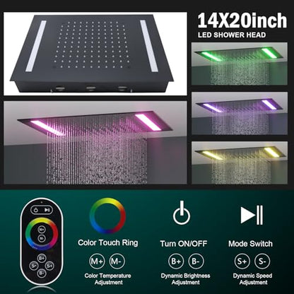 HOMEDEC Multi-Function Shower System with LED 14x20inch and Dual 6" Shower Heads, 5 Way Thermostatic Diverter Valve Shower Faucet Set, Black - color: Black, style: 5-Way + 2x 6" Top