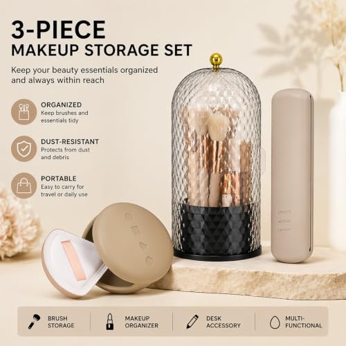 Toothbrush Holder with Cover,3 Compartment Rotating Countertop | Dust-Proof Sliding Lid Bathroom Organizer for Toothpaste, Makeup Brushes Holder with Makeup Bag, Vanity Storage – Black