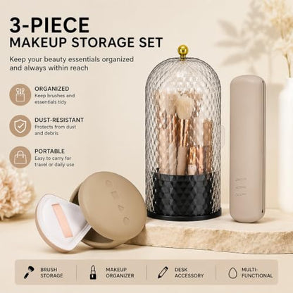 Toothbrush Holder with Cover,3 Compartment Rotating Countertop | Dust-Proof Sliding Lid Bathroom Organizer for Toothpaste, Makeup Brushes Holder with Makeup Bag, Vanity Storage – Black