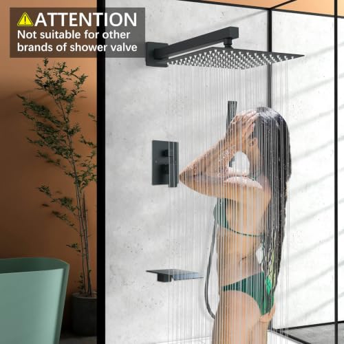 Matte Black Shower System with Tub Spout,All Metal Bathtub Shower Faucet Set With 10-Inch High Pressure Rainfall Head and Handheld Sprayer,Wall Mount for Bathroom Remodel - color: Matte Black, size: 10" with spout