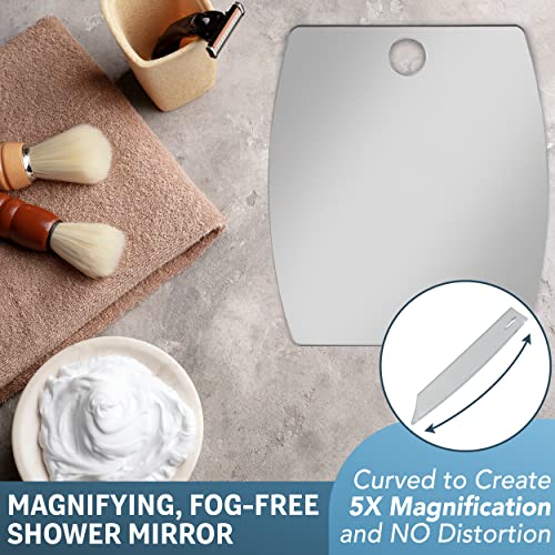 Shave Well 5X Magnifying Anti-Fog Hanging Shower Mirror for Shaving | Curved Design for 5X Magnification | Light and Virtually Unbreakable | Includes Long-Lasting Removable Adhesive Hook