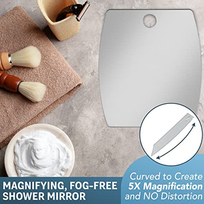 Shave Well 5X Magnifying Anti-Fog Hanging Shower Mirror for Shaving | Curved Design for 5X Magnification | Light and Virtually Unbreakable | Includes Long-Lasting Removable Adhesive Hook