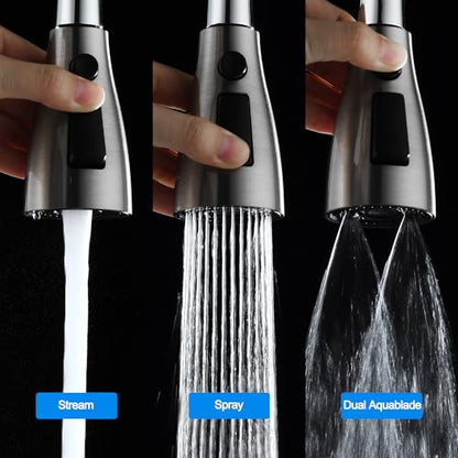 [Upgraded] GORDEE Kitchen Faucet Sprayer Head Replacement, 3-Function(Stream/Spray/Aqua Blade) Sprayer Spout Nozzle w/Check Valve, 1.8 GPM, 9 Adapters to Fit Most Standards of Faucets, Brushed Nickel - color: Brushed Nickel
