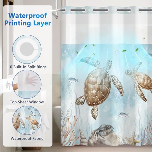 No Hook Shower Curtain with Snap in Liner Set, Sea Turtles Shower Curtain with Removable Button Liner and Mesh Top Window, Double-layer Waterproof Fabric Shower Curtains for Bathroom with Weighted Hem - color: Two Turtles