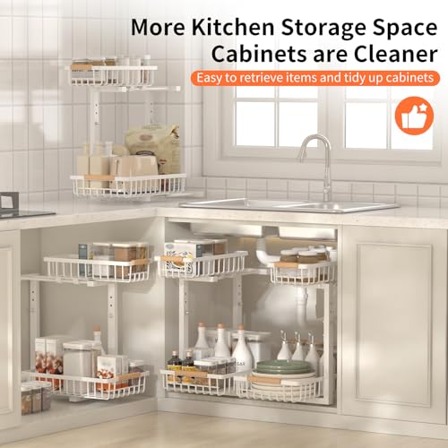Under Sink Organizer, Under Sink Organizers and Storage, 2-Tier Pull Out Under Cabinet Organizer Storage Shelf, Metal Frame, Height Adjustable Rack for Bathroom Kitchen Pantry - style: White, 1-Pack