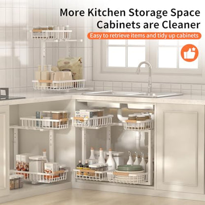 Under Sink Organizer, Under Sink Organizers and Storage, 2-Tier Pull Out Under Cabinet Organizer Storage Shelf, Metal Frame, Height Adjustable Rack for Bathroom Kitchen Pantry - style: White, 1-Pack