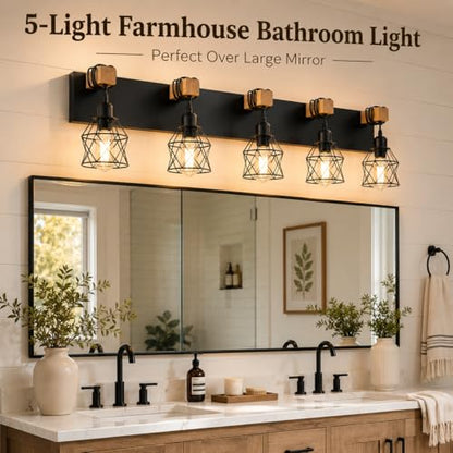 Farmhouse Vanity Light Fixture,5-Light Bathroom Lighting,Black Industrial Wood Wall Light Over Mirror with Metal Shade,LED Bulbs Not Included - color: Black, size: 5-Light-Wide 35"